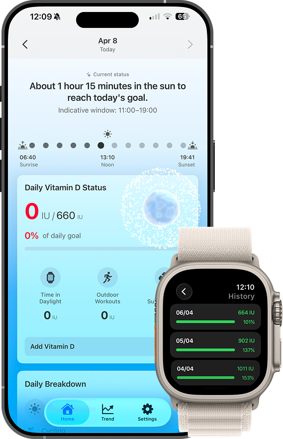 D-Fine vitamin D tracker app on iPhone and Apple Watch showing daily IU tracking