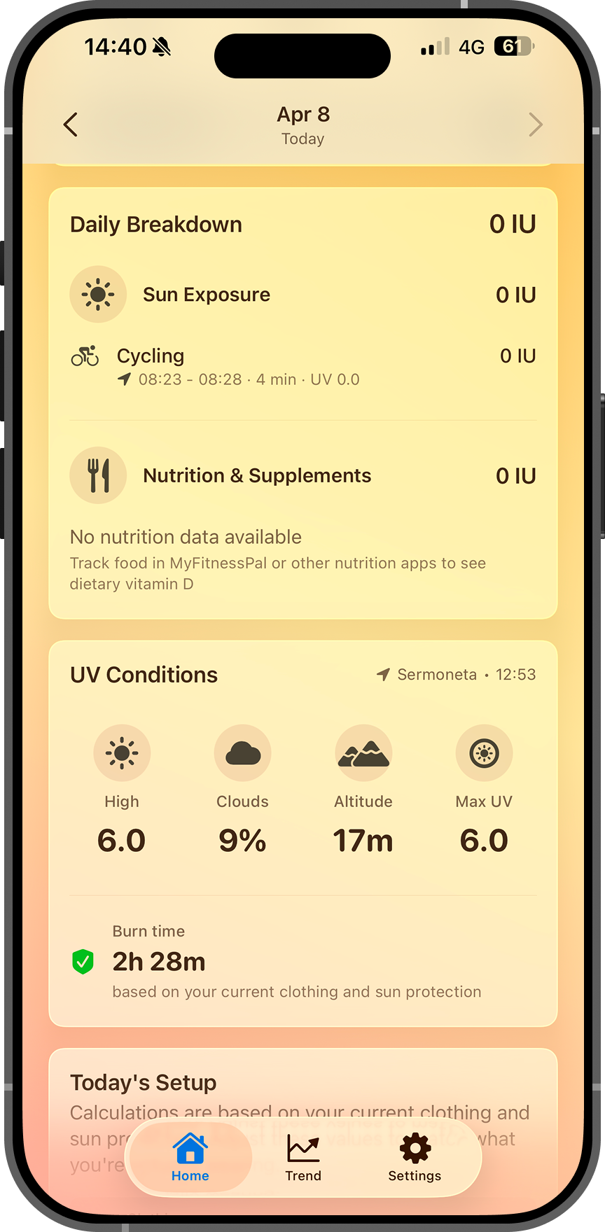 D-Fine app home screen — vitamin D calculator showing IU gauge with sunlight, food, and supplement breakdown