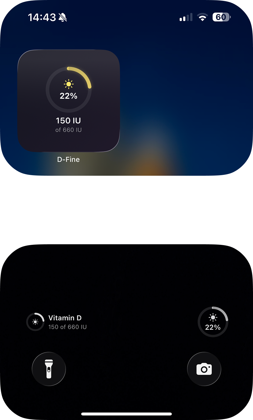 D-Fine vitamin D widgets on iPhone lock screen and Apple Watch complication — always up to date